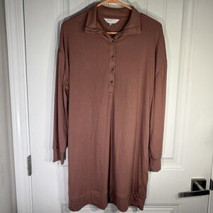 Danskin Ribbed Polo Lounge Dress Mauve Long Sleeve Athleisure Midi Dress Medium
